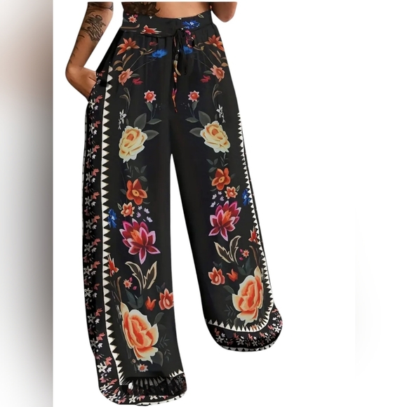 Pants - NWOT Palazzo Wide Leg Retro Colorful Floral Drawstring Pants